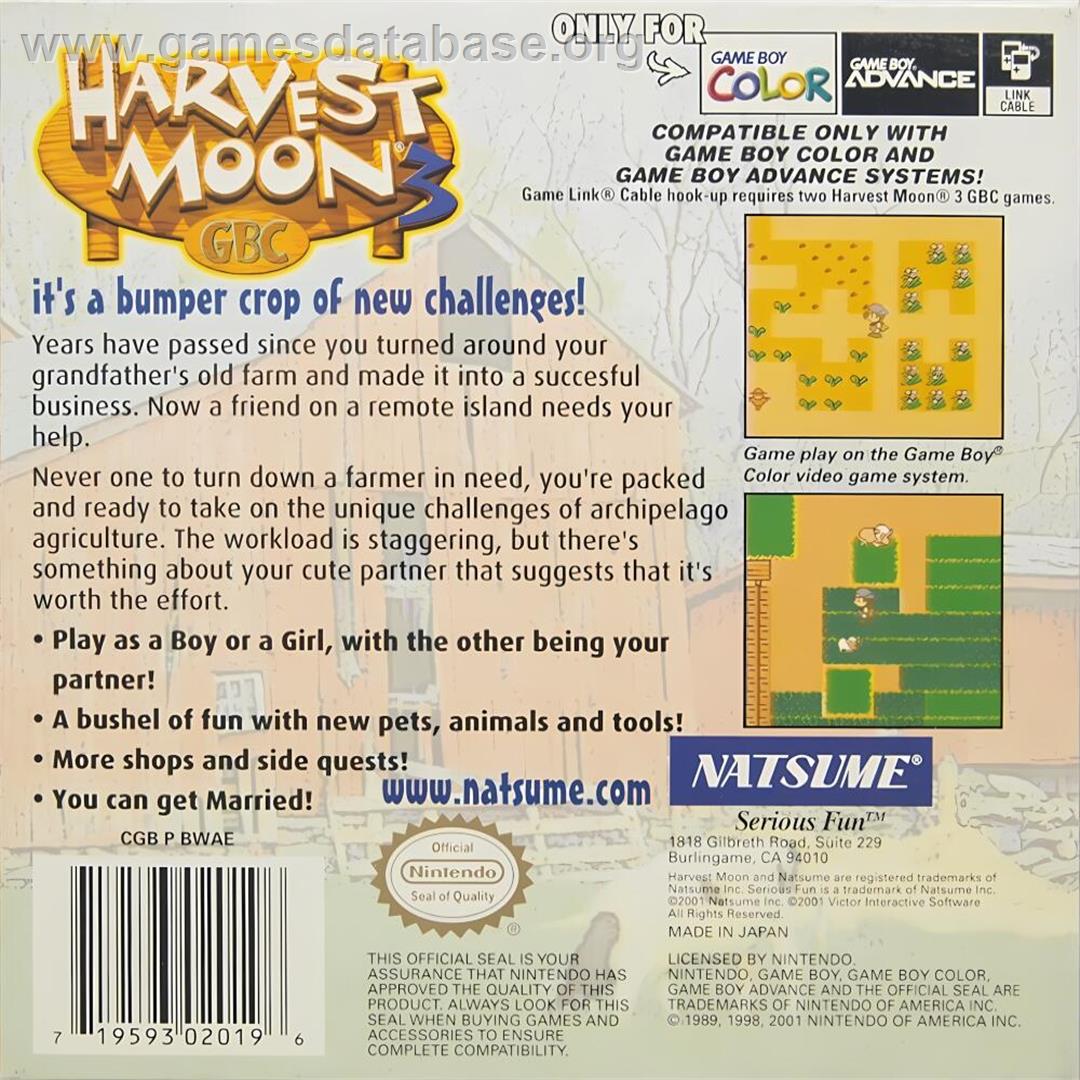 Harvest Moon 3 Gbc - Nintendo Game Boy Color - Artwork - Box Back