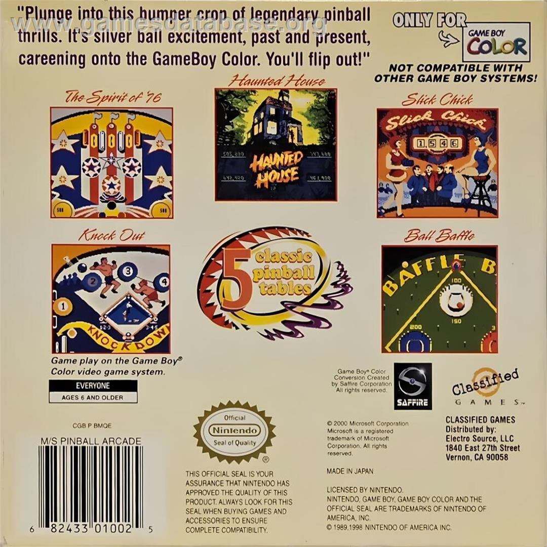 Microsoft Pinball Arcade - Nintendo Game Boy Color - Artwork - Box Back