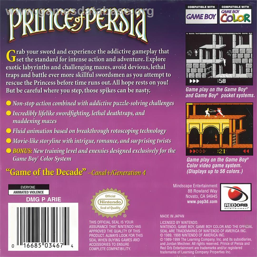 Prince Of Persia - Nintendo Game Boy Color - Artwork - Box Back