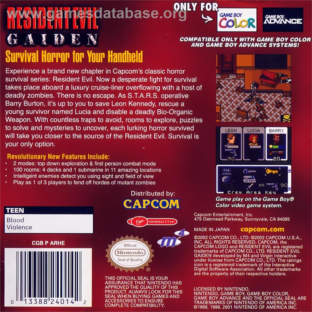 Resident Evil Gaiden - Nintendo Game Boy Color - Artwork - Box Back