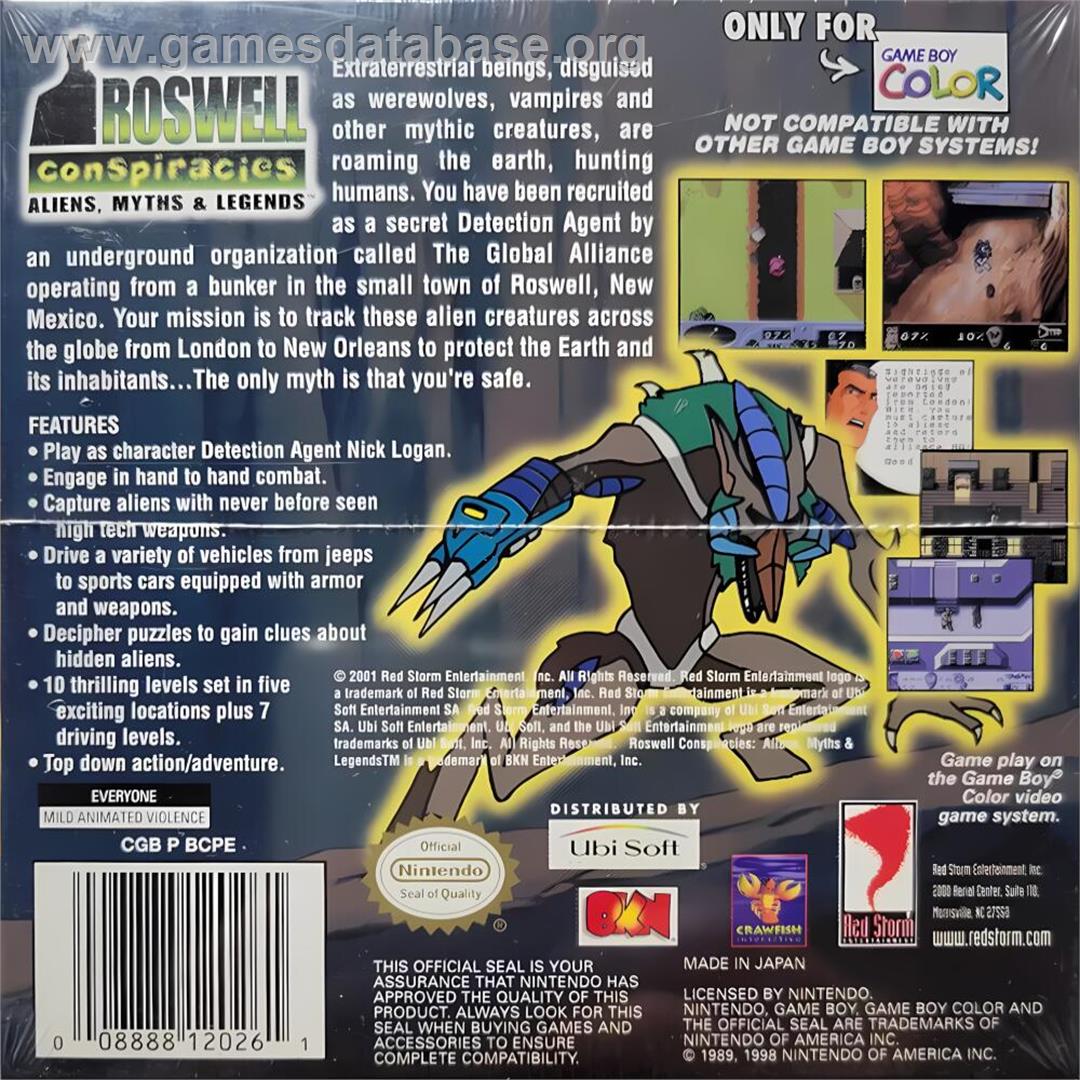 Roswell Conspiracies - Aliens, Myths And Legends - Nintendo Game Boy Color - Artwork - Box Back