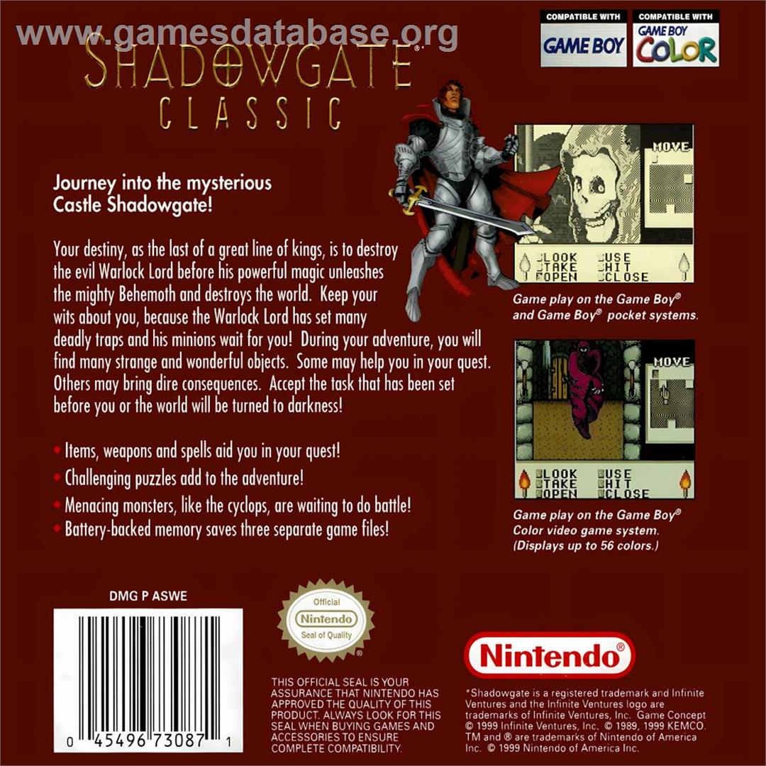 Shadowgate Classic - Nintendo Game Boy Color - Artwork - Box Back