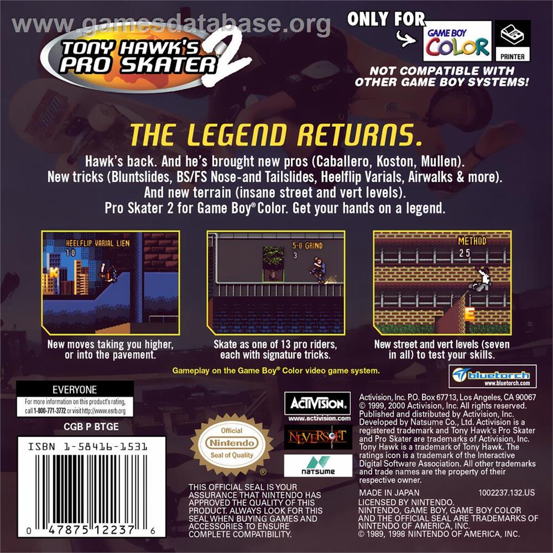 Tony Hawk's Pro Skater 2 - Nintendo Game Boy Color - Artwork - Box Back