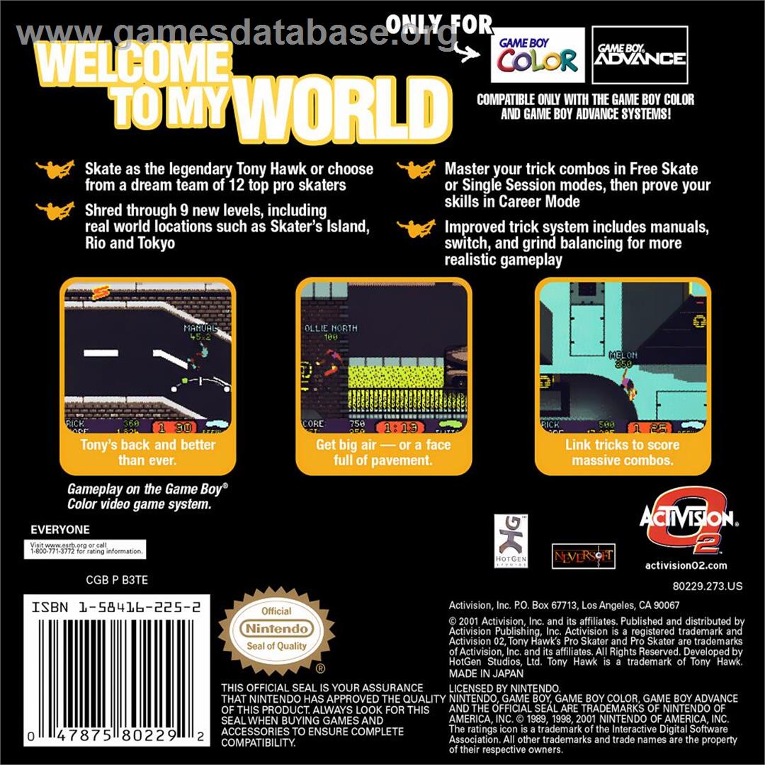 Tony Hawk's Pro Skater 3 - Nintendo Game Boy Color - Artwork - Box Back