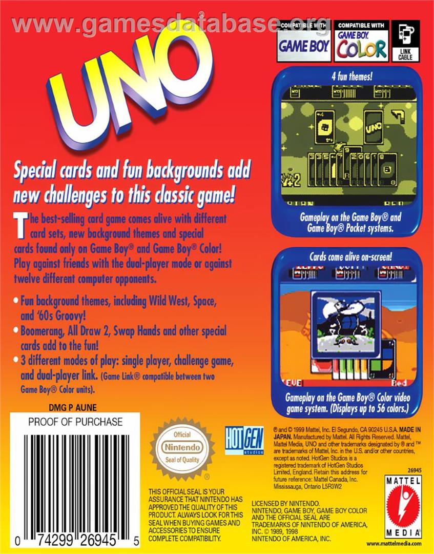 Uno - Nintendo Game Boy Color - Artwork - Box Back