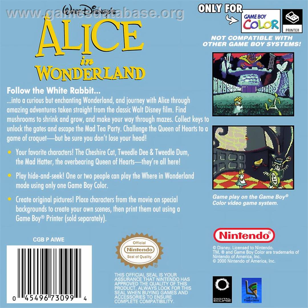 Walt Disney's Alice In Wonderland - Nintendo Game Boy Color - Artwork - Box Back