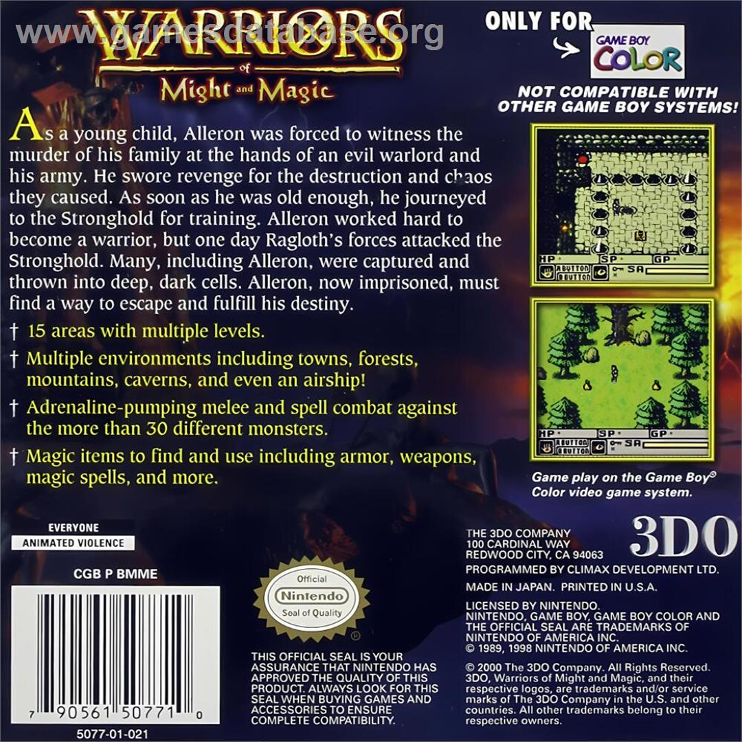Warriors Of Might And Magic - Nintendo Game Boy Color - Artwork - Box Back