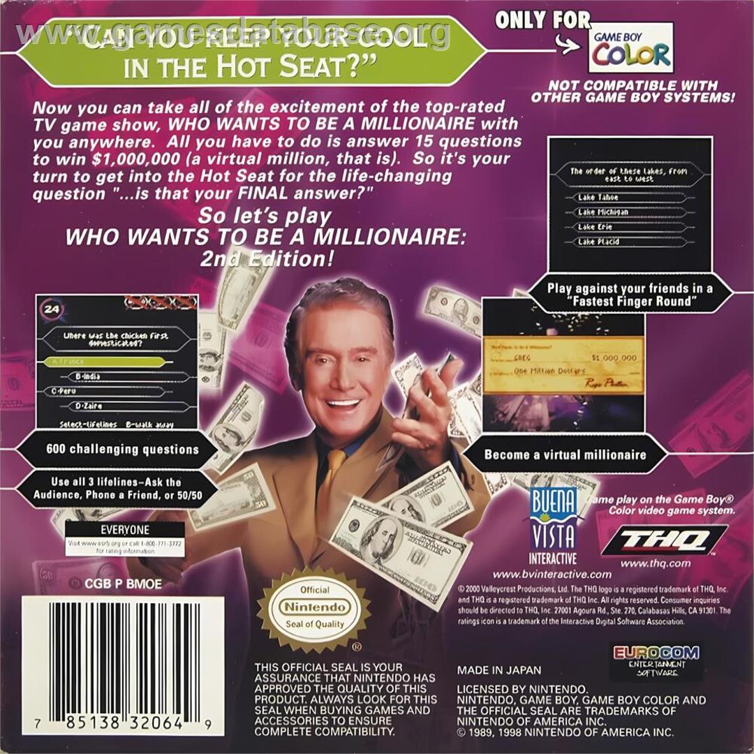 Who Wants To Be A Millionaire - 2nd Edition - Nintendo Game Boy Color - Artwork - Box Back