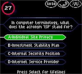 In game image of Who Wants To Be A Millionaire - 2nd Edition on the Nintendo Game Boy Color.