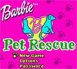 Title screen of Barbie - Pet Rescue on the Nintendo Game Boy Color.
