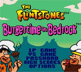 Title screen of Flintstones, The - Burgertime In Bedrock on the Nintendo Game Boy Color.
