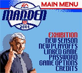 Title screen of Madden NFL 2001 on the Nintendo Game Boy Color.
