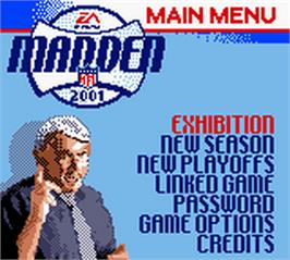 Title screen of Madden Nfl 2001 on the Nintendo Game Boy Color.