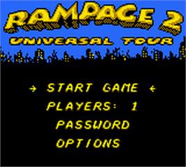 Title screen of Rampage 2 - Universal Tour on the Nintendo Game Boy Color.