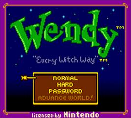 Title screen of Wendy: Every Witch Way on the Nintendo Game Boy Color.