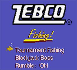 Title screen of Zebco Fishing! on the Nintendo Game Boy Color.