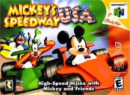 Box cover for Mickey's Speedway USA on the Nintendo N64.