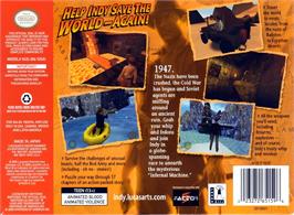 Box back cover for Indiana Jones And The Infernal Machine on the Nintendo N64.
