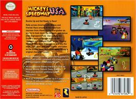 Box back cover for Mickey's Speedway USA on the Nintendo N64.