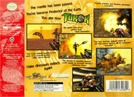Box back cover for Turok: Dinosaur Hunter on the Nintendo N64.