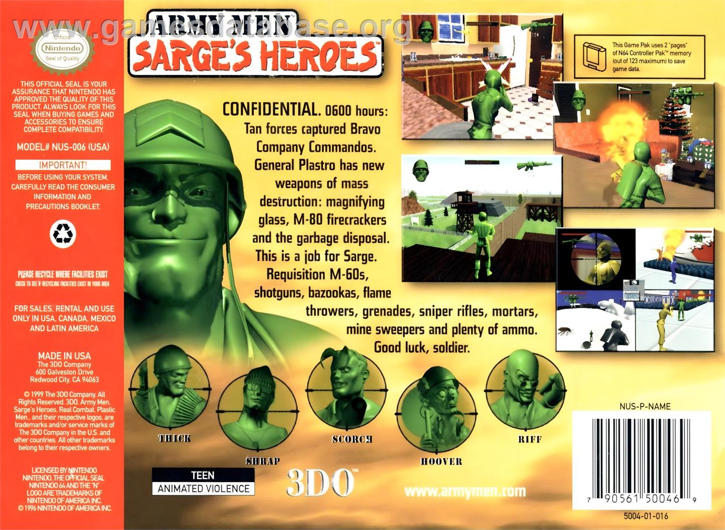 Army Men - Sarge's Heroes - Nintendo N64 - Artwork - Box Back