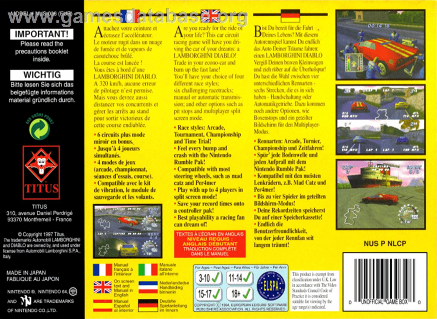 Automobili Lamborghini: Super Speed Race 64 - Nintendo N64 - Artwork - Box Back