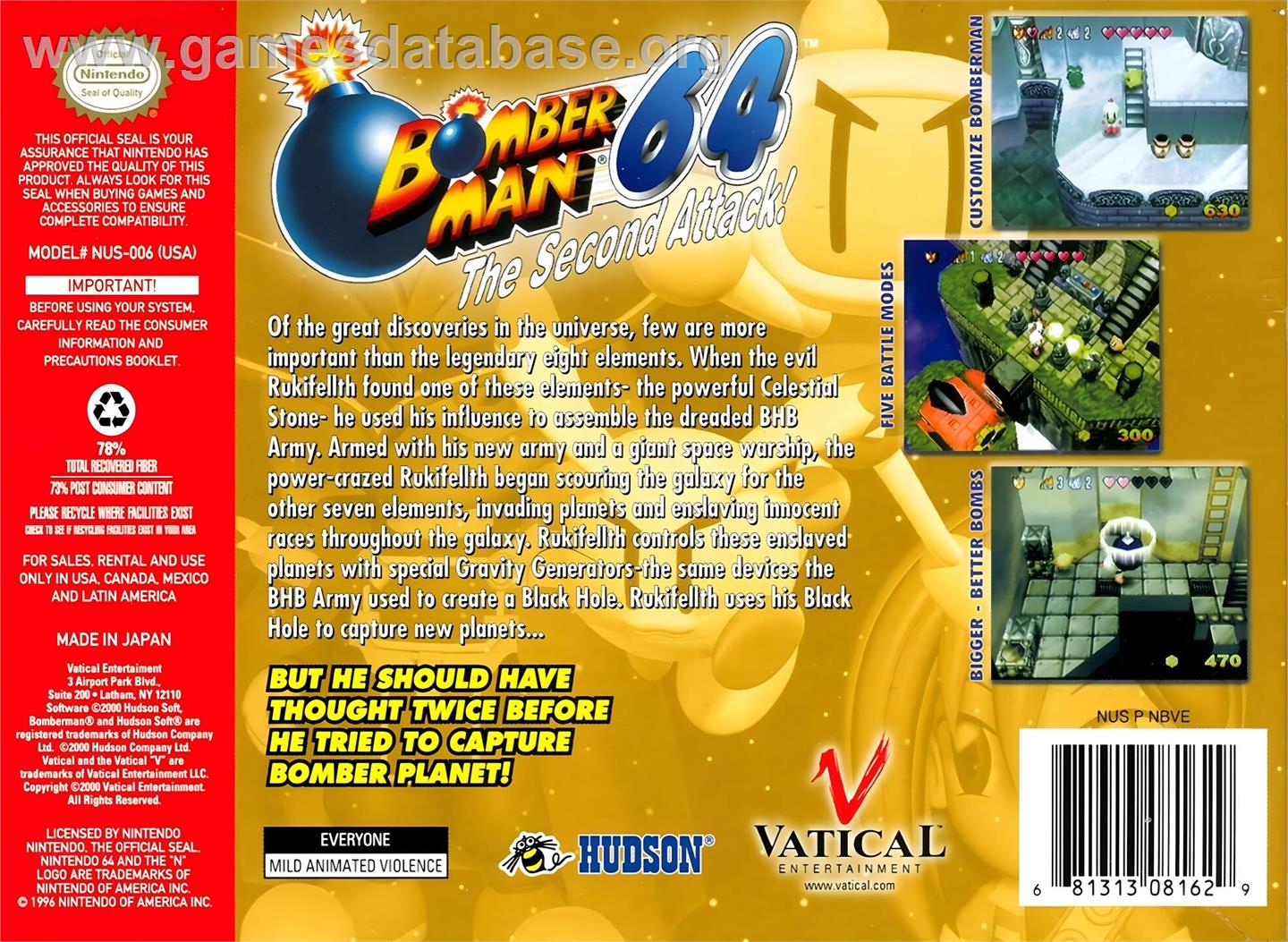 Bomberman 64 - The Second Attack! - Nintendo N64 - Artwork - Box Back