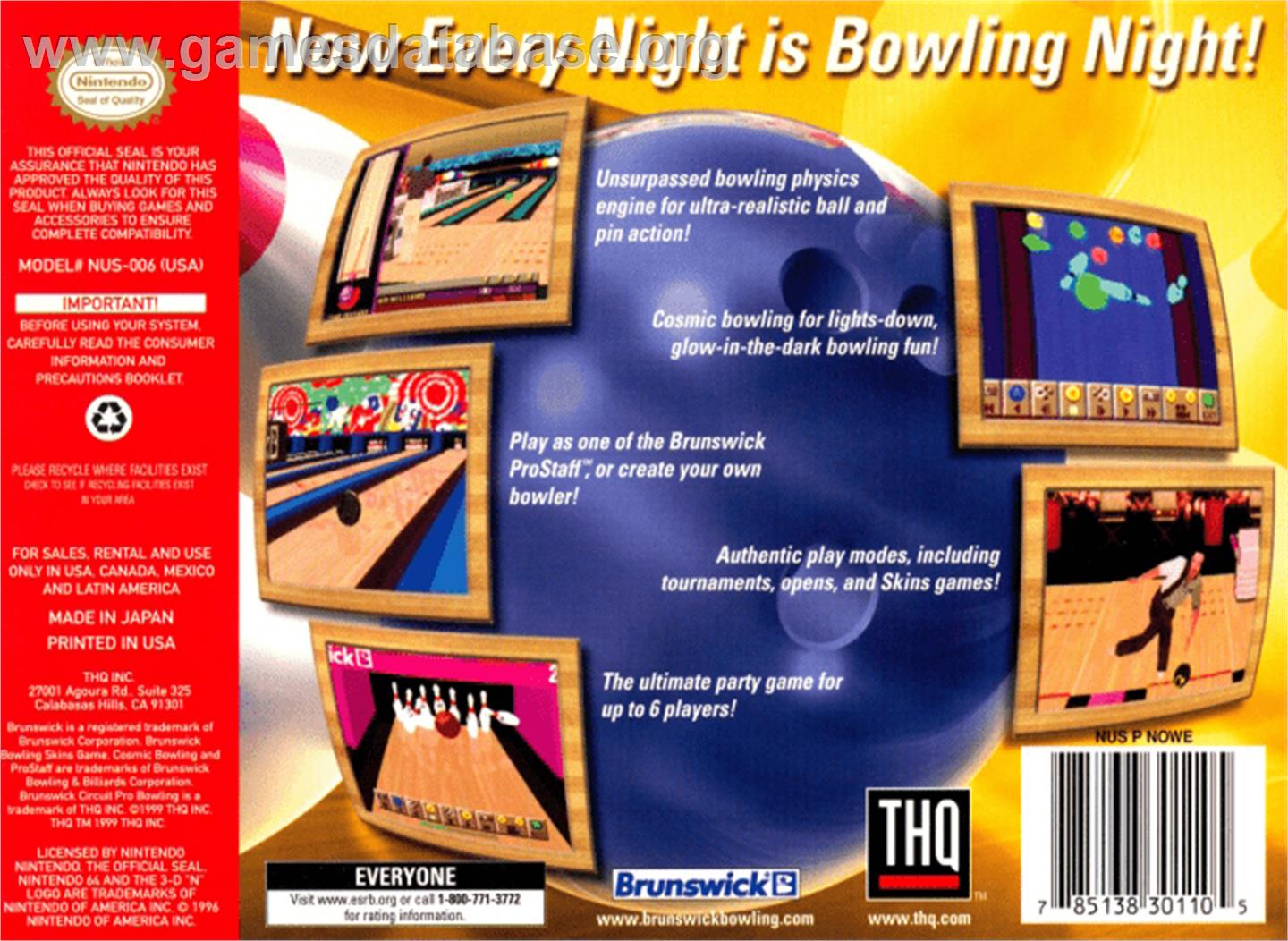 Brunswick Circuit Pro Bowling - Nintendo N64 - Artwork - Box Back