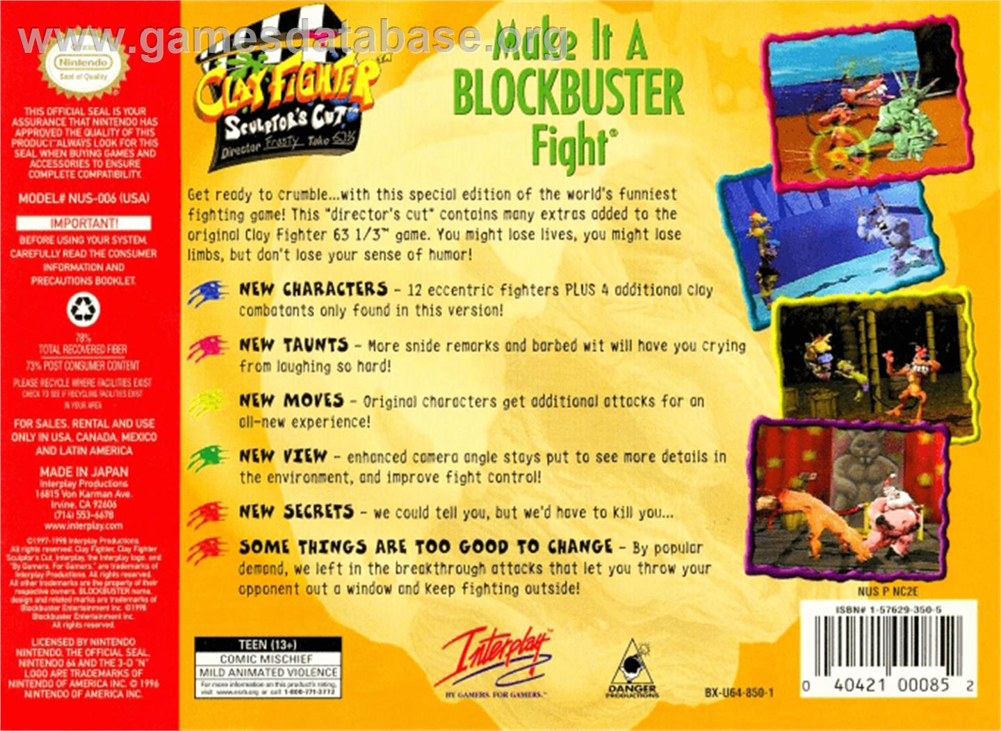 Clay Fighter: Sculptor's Cut - Nintendo N64 - Artwork - Box Back
