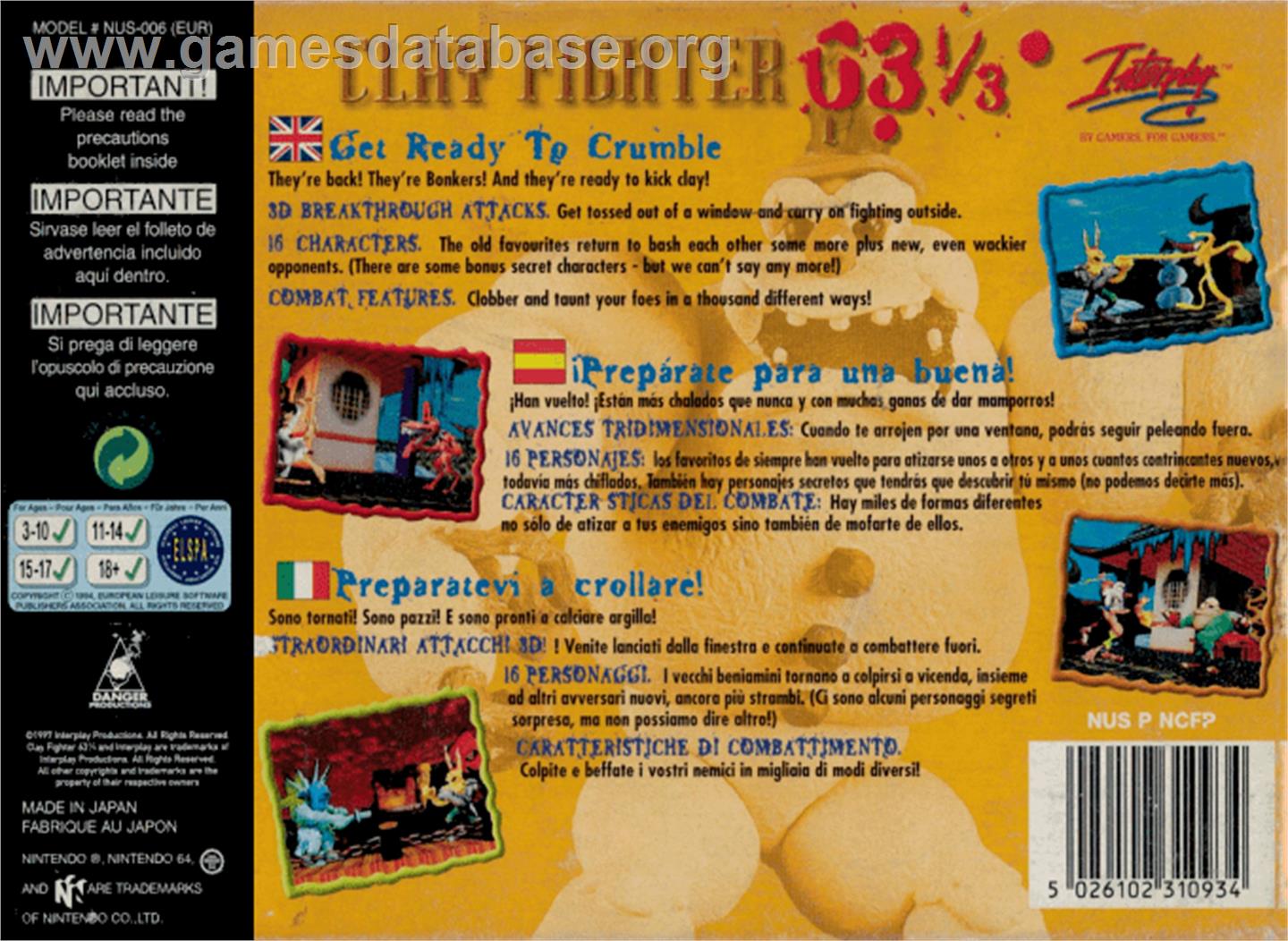 Clay Fighter 63 1/3 - Nintendo N64 - Artwork - Box Back