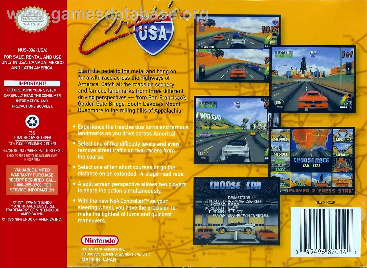 Cruis'n Usa - Nintendo N64 - Artwork - Box Back