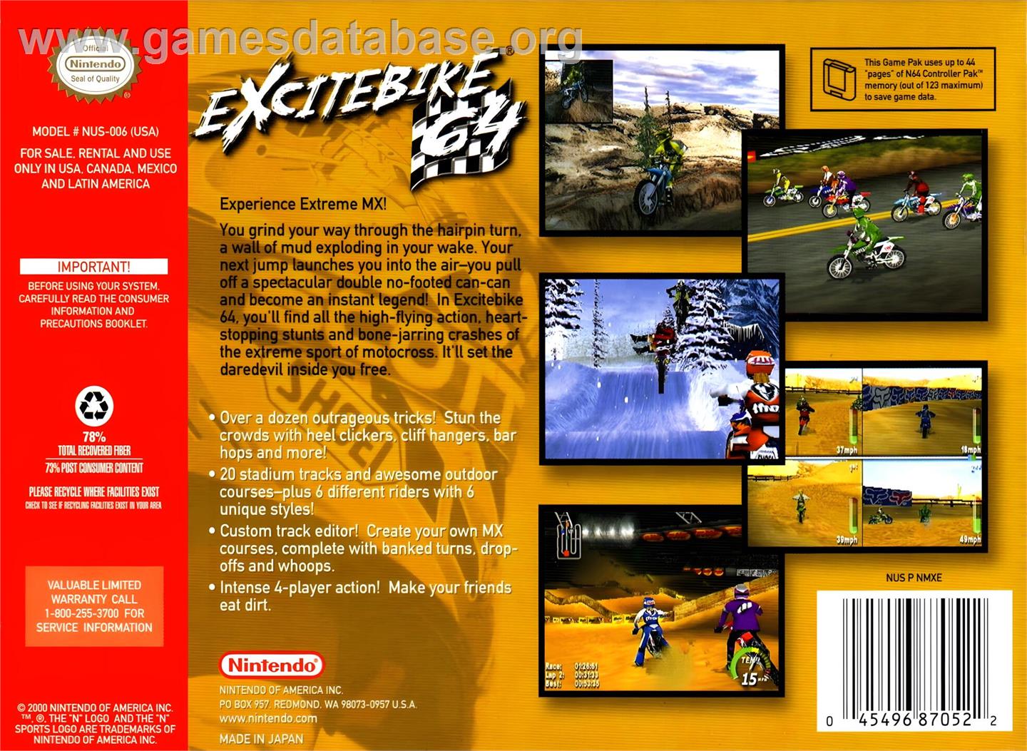 Excitebike 64 - Nintendo N64 - Artwork - Box Back