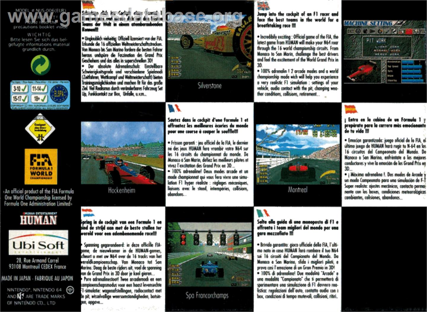 F1 Pole Position 64 - Nintendo N64 - Artwork - Box Back
