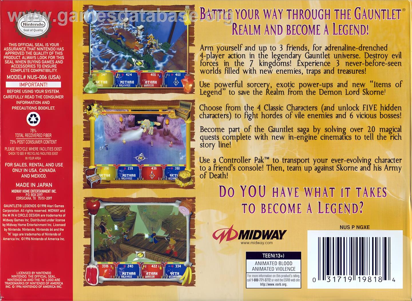 Gauntlet Legends - Nintendo N64 - Artwork - Box Back