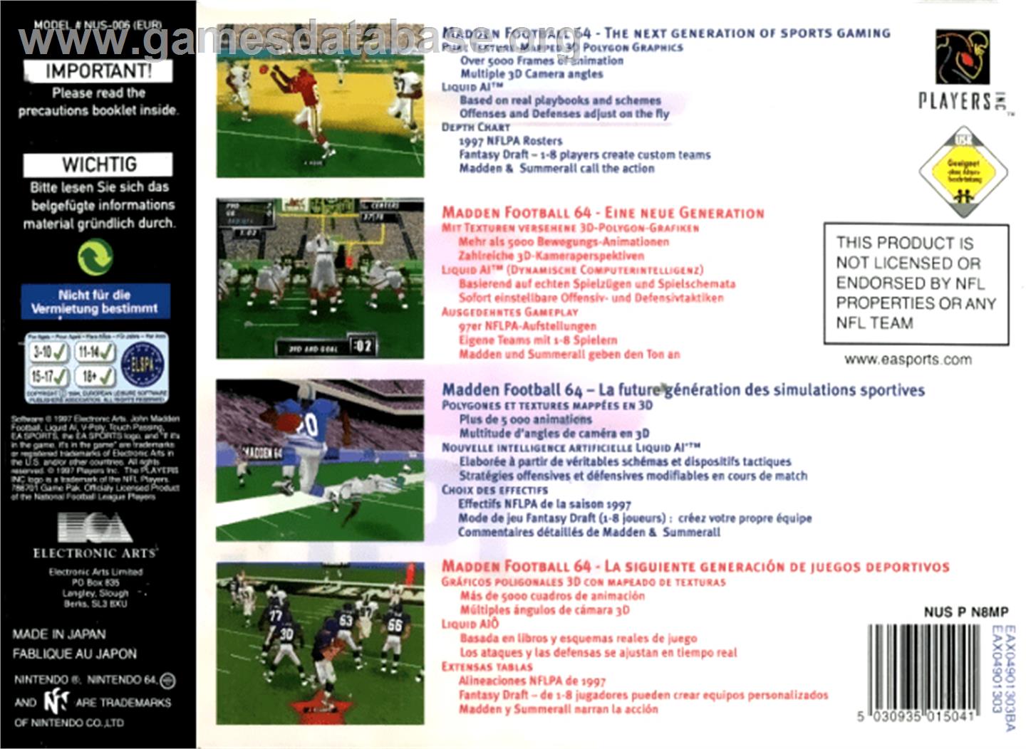 Madden Football 64 - Nintendo N64 - Artwork - Box Back