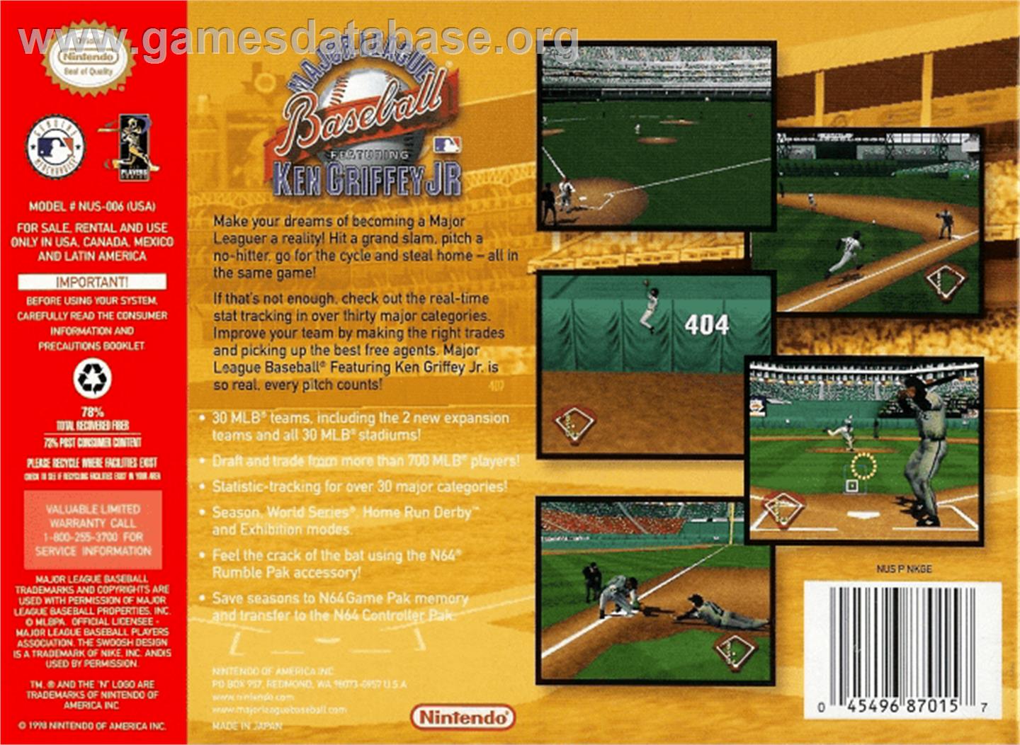 Major League Baseball Featuring Ken Griffey Jr - Nintendo N64 - Artwork - Box Back