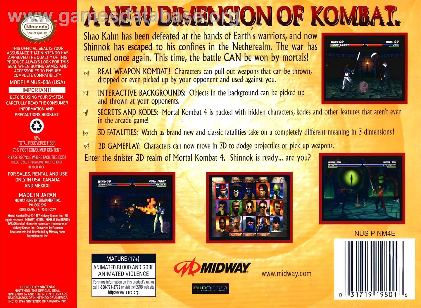 Mortal Kombat 4 - Nintendo N64 - Artwork - Box Back