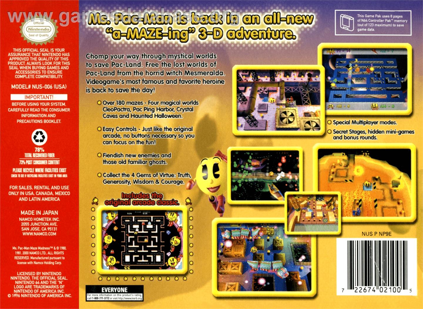 Ms. Pac-Man Maze Madness - Nintendo N64 - Artwork - Box Back