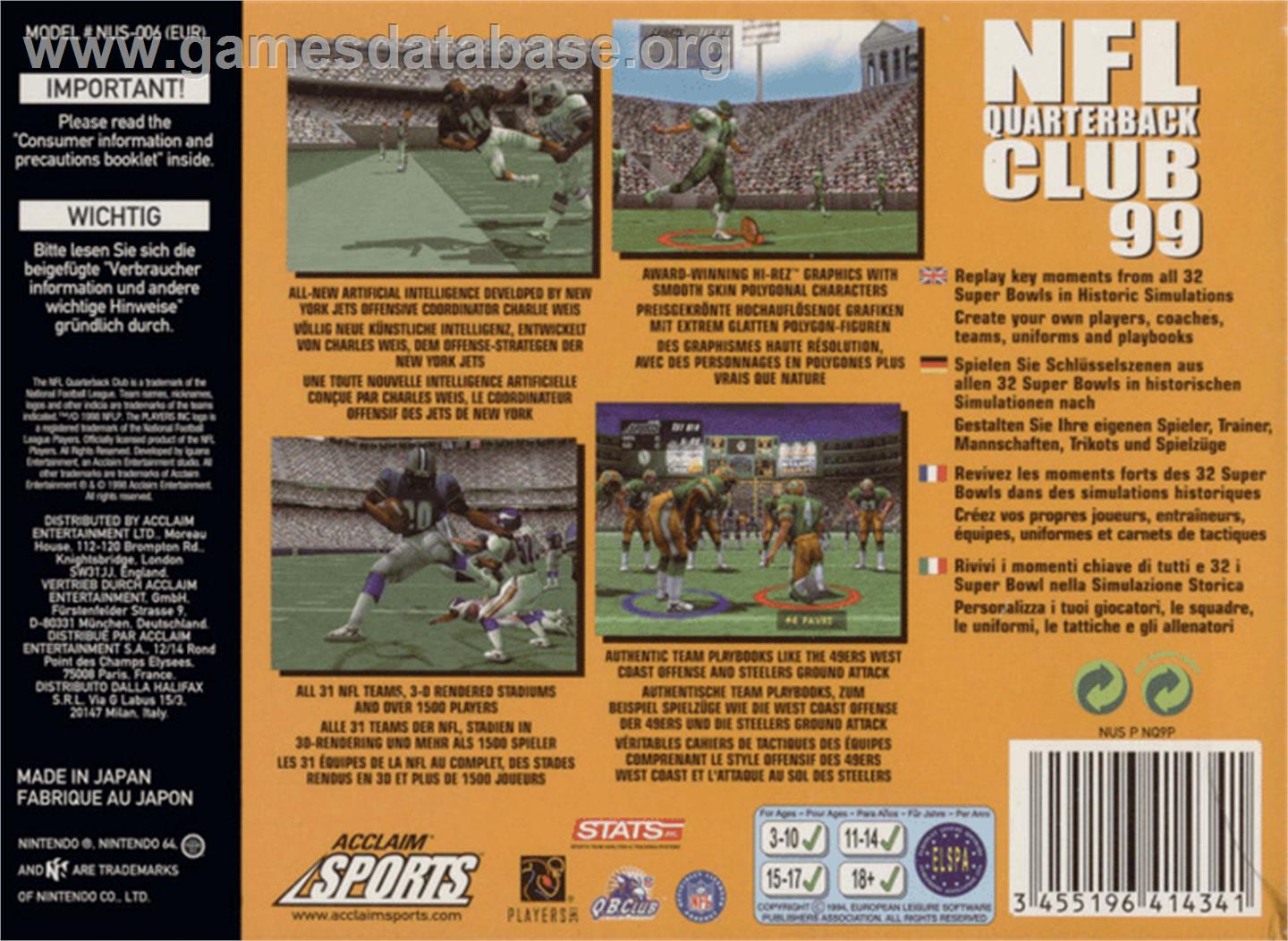 NFL Quarterback Club '99 - Nintendo N64 - Artwork - Box Back