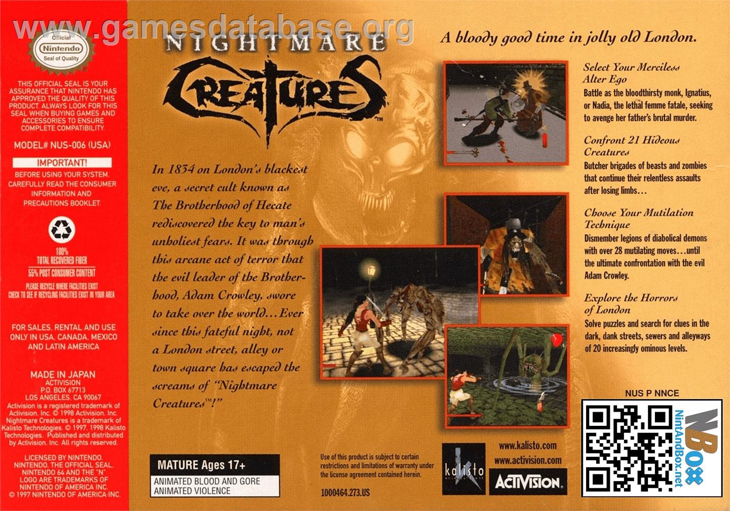 Nightmare Creatures - Nintendo N64 - Artwork - Box Back
