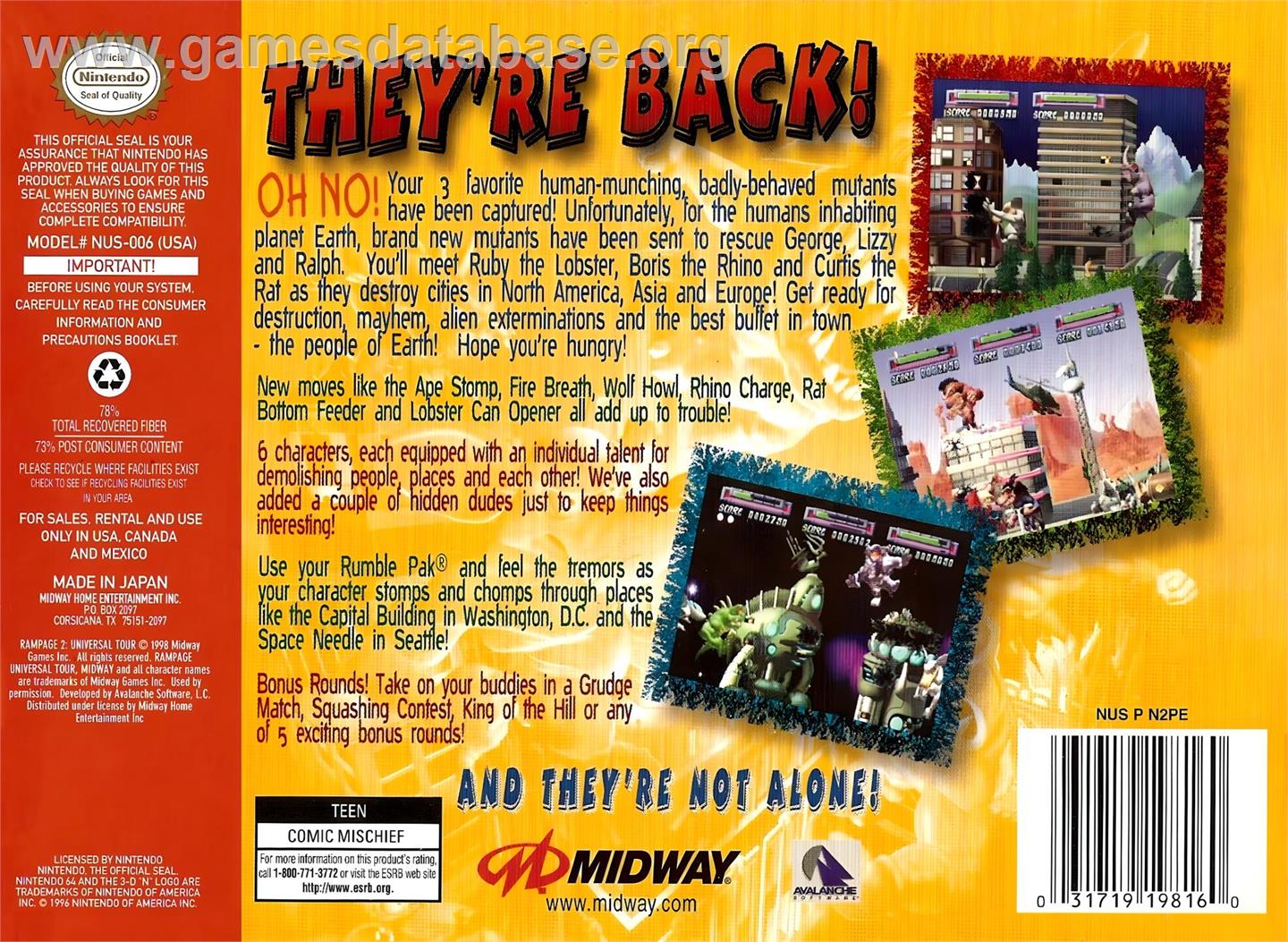 Rampage 2 - Universal Tour - Nintendo N64 - Artwork - Box Back