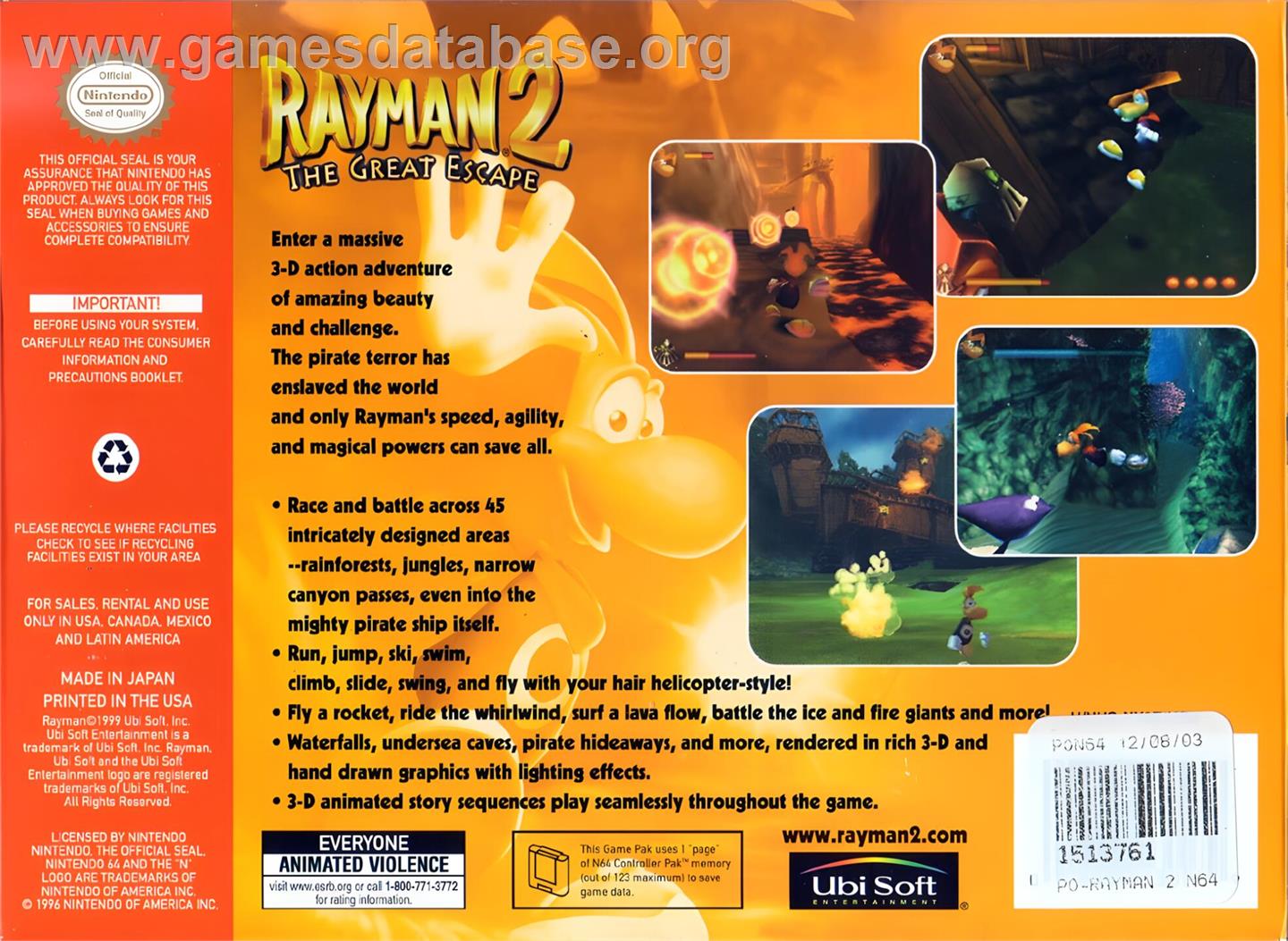 Rayman 2 - The Great Escape - Nintendo N64 - Artwork - Box Back