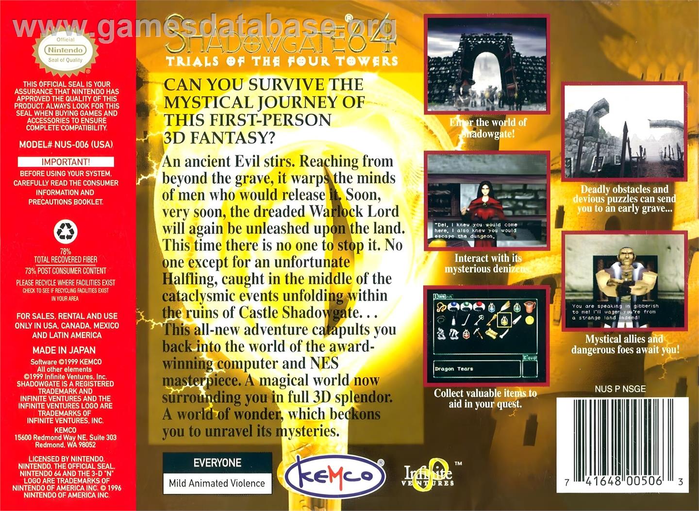 Shadowgate 64 - Trials Of The Four Towers - Nintendo N64 - Artwork - Box Back