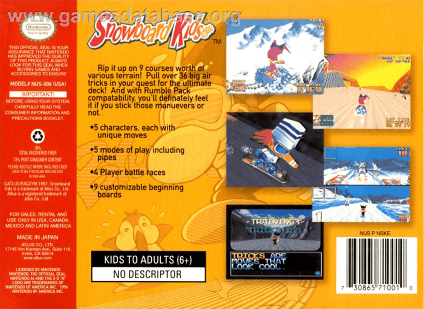Snowboard Kids - Nintendo N64 - Artwork - Box Back