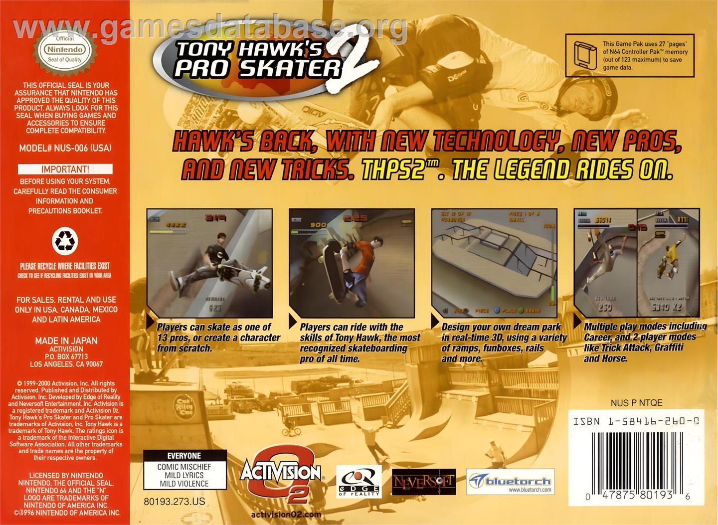 Tony Hawk's Pro Skater 2 - Nintendo N64 - Artwork - Box Back