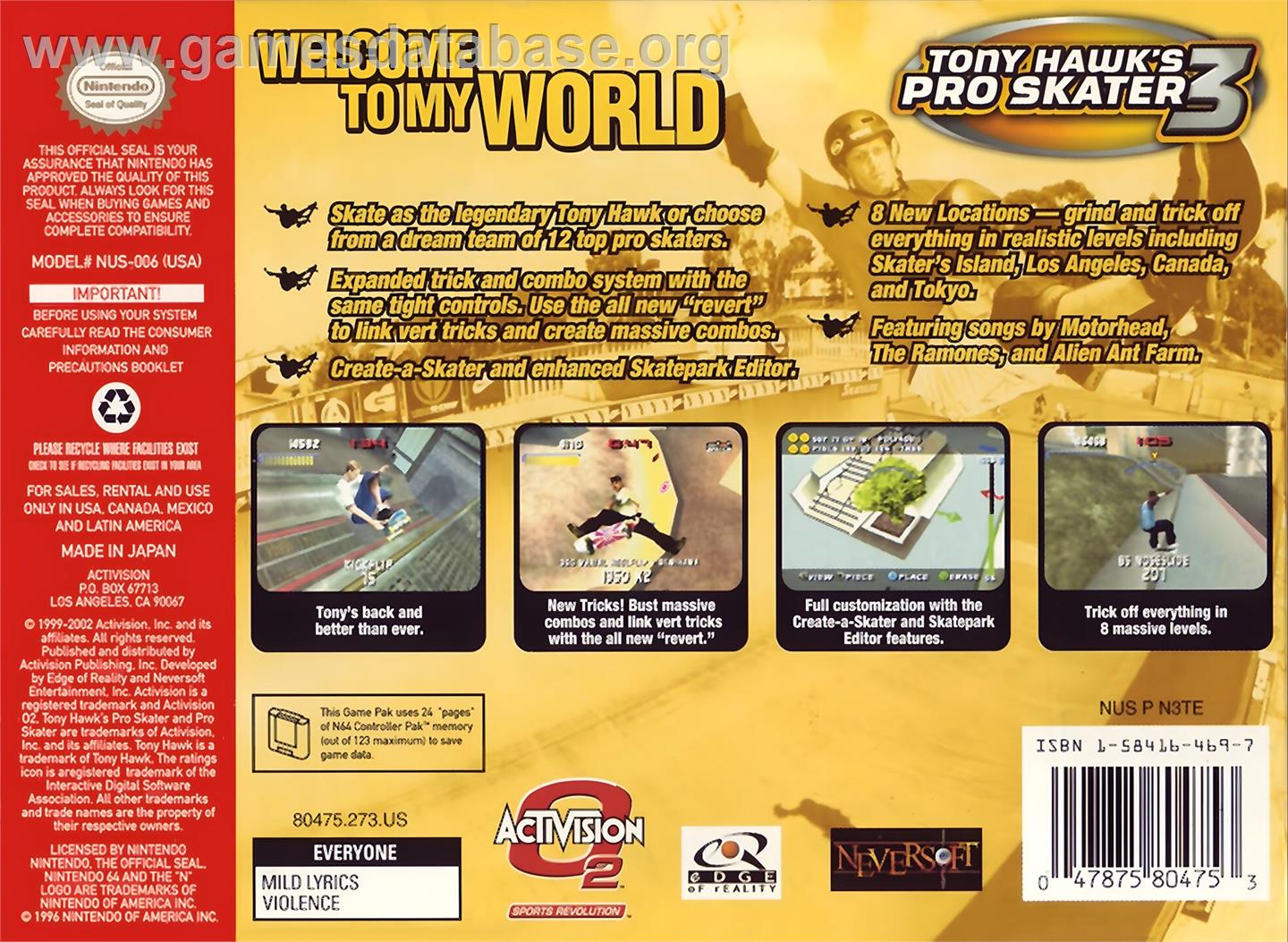 Tony Hawk's Pro Skater 3 - Nintendo N64 - Artwork - Box Back