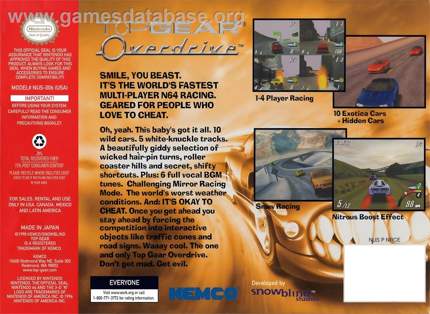 Top Gear Overdrive - Nintendo N64 - Artwork - Box Back