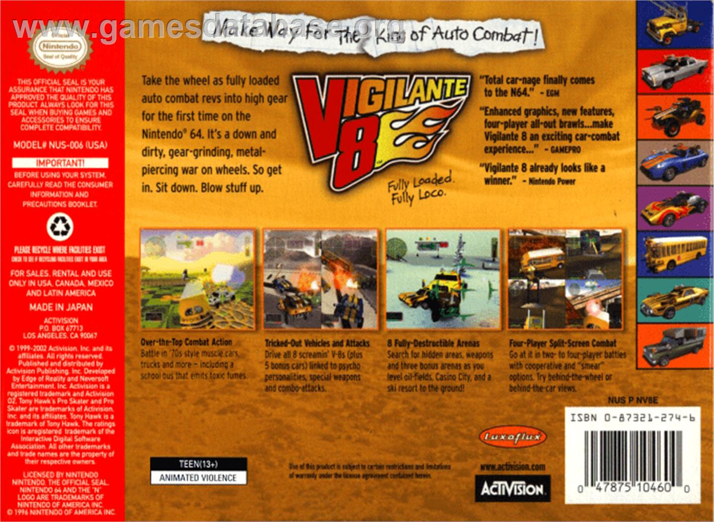 Vigilante 8: 2nd Offense - Nintendo N64 - Artwork - Box Back