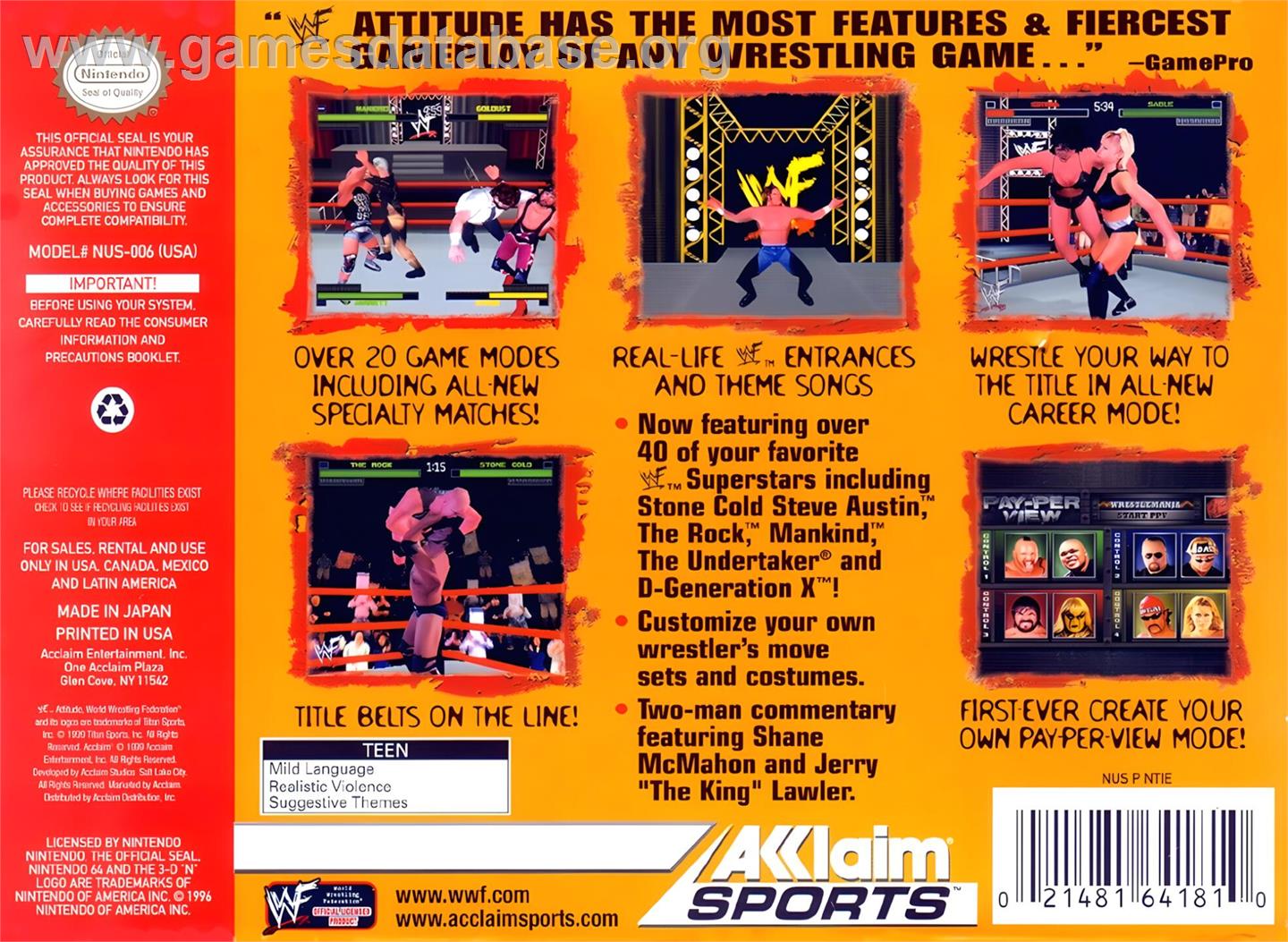 WWF Attitude - Nintendo N64 - Artwork - Box Back