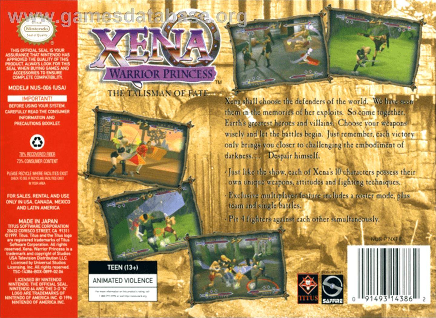 Xena: Warrior Princess - The Talisman of Fate - Nintendo N64 - Artwork - Box Back